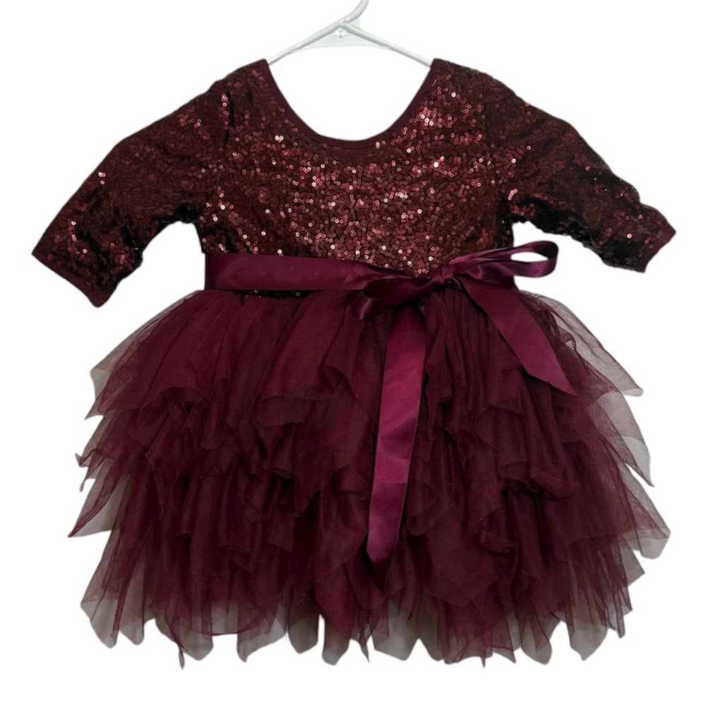 Girls Burgundy Sequin Tulle Party Dress | Size 3 | Holiday & Special Occasion